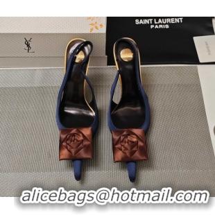 Perfect Saint Laurent Slingback Pumps with Flower in Satin 11cm Heel Blue 5052101