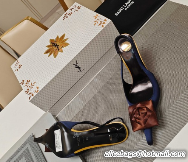 Perfect Saint Laurent Slingback Pumps with Flower in Satin 11cm Heel Blue 5052101