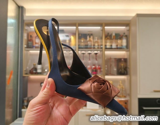 Perfect Saint Laurent Slingback Pumps with Flower in Satin 11cm Heel Blue 5052101