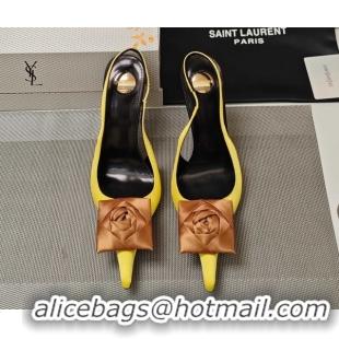 Good Looking Yaint Laurent Slingback Pumps with Flower in Satin 11cm Heel Yellow 5052102