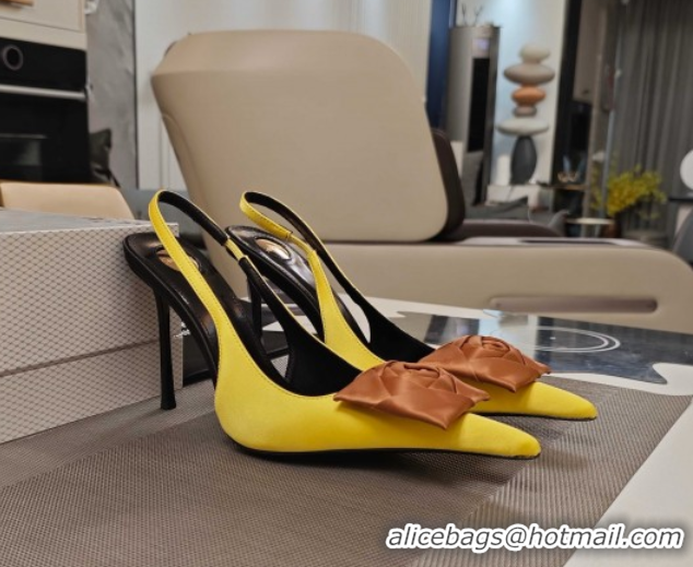 Good Looking Yaint Laurent Slingback Pumps with Flower in Satin 11cm Heel Yellow 5052102