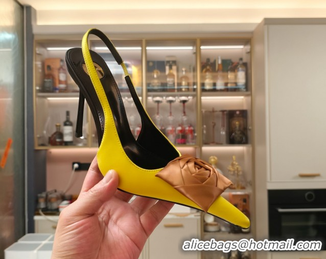Good Looking Yaint Laurent Slingback Pumps with Flower in Satin 11cm Heel Yellow 5052102