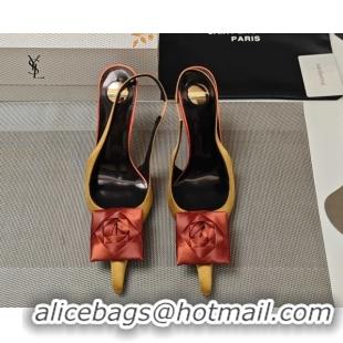 Purchase Saint Laurent Slingback Pumps with Flower in Satin 11cm Heel Ginger 5052103