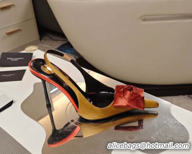 Purchase Saint Laurent Slingback Pumps with Flower in Satin 11cm Heel Ginger 5052103