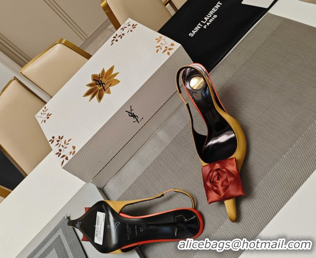 Purchase Saint Laurent Slingback Pumps with Flower in Satin 11cm Heel Ginger 5052103