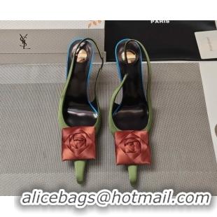 Shop Duplicate Saint Laurent Slingback Pumps with Flower in Satin 11cm Heel Light Green 5052104