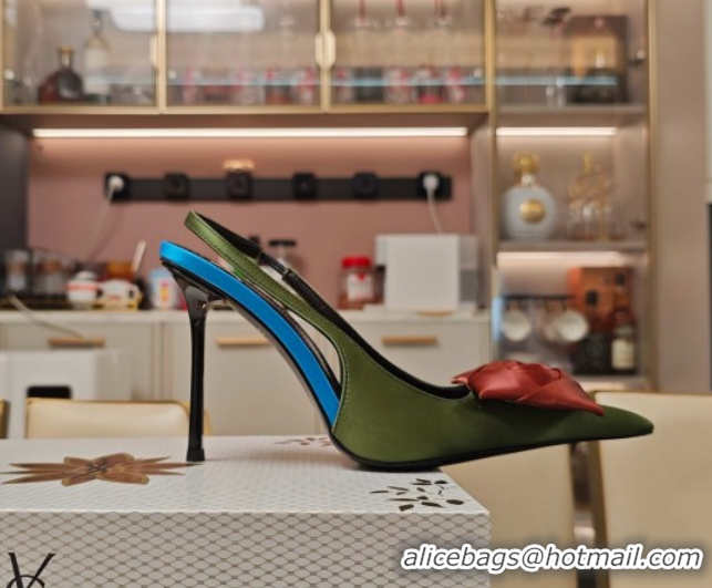 Shop Duplicate Saint Laurent Slingback Pumps with Flower in Satin 11cm Heel Light Green 5052104