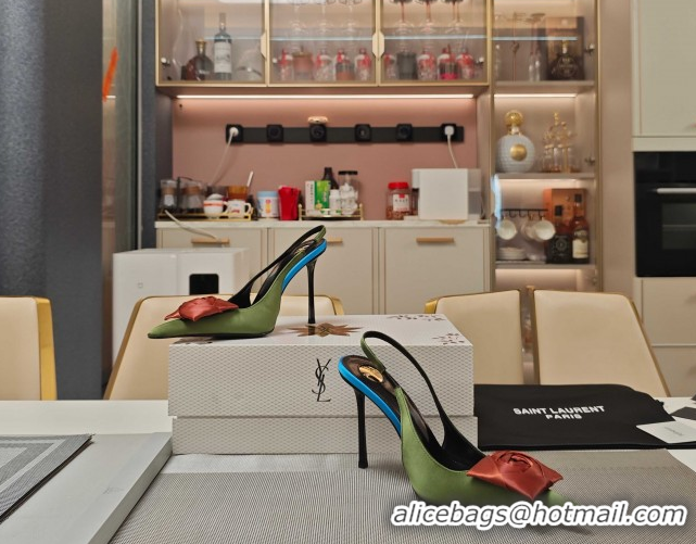 Shop Duplicate Saint Laurent Slingback Pumps with Flower in Satin 11cm Heel Light Green 5052104