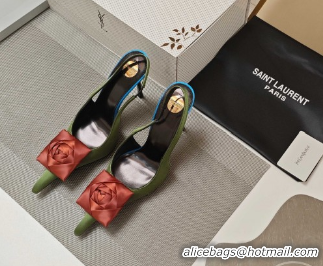 Shop Duplicate Saint Laurent Slingback Pumps with Flower in Satin 11cm Heel Light Green 5052104