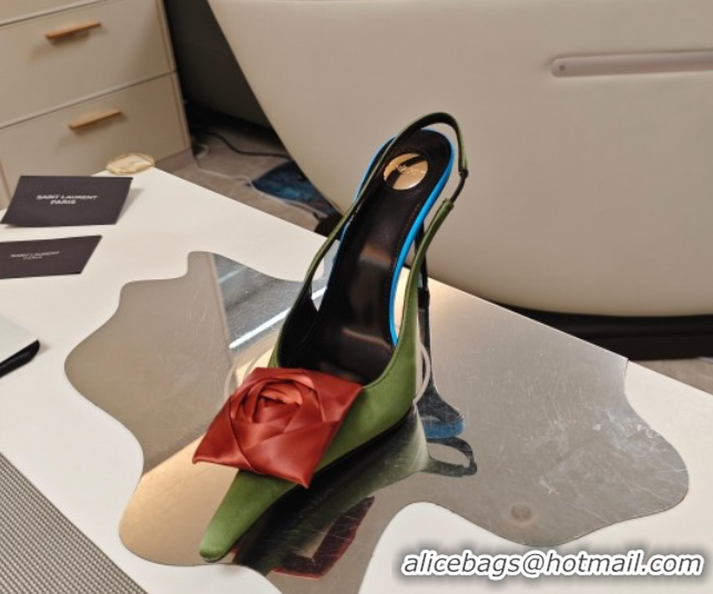 Shop Duplicate Saint Laurent Slingback Pumps with Flower in Satin 11cm Heel Light Green 5052104