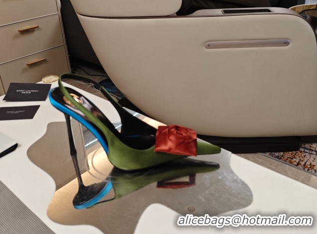 Shop Duplicate Saint Laurent Slingback Pumps with Flower in Satin 11cm Heel Light Green 5052104