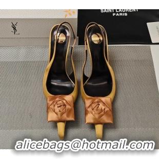 Grade Quality Saint Laurent Slingback Pumps with Flower in Satin 11cm Heel Ginger 5052105