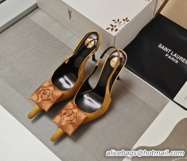 Grade Quality Saint Laurent Slingback Pumps with Flower in Satin 11cm Heel Ginger 5052105