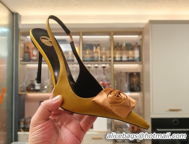 Grade Quality Saint Laurent Slingback Pumps with Flower in Satin 11cm Heel Ginger 5052105