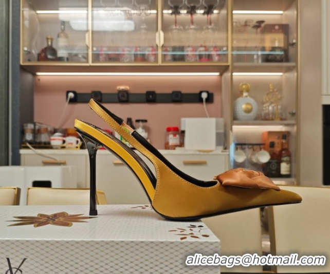 Grade Quality Saint Laurent Slingback Pumps with Flower in Satin 11cm Heel Ginger 5052105