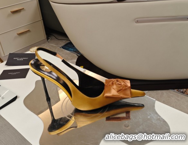 Grade Quality Saint Laurent Slingback Pumps with Flower in Satin 11cm Heel Ginger 5052105