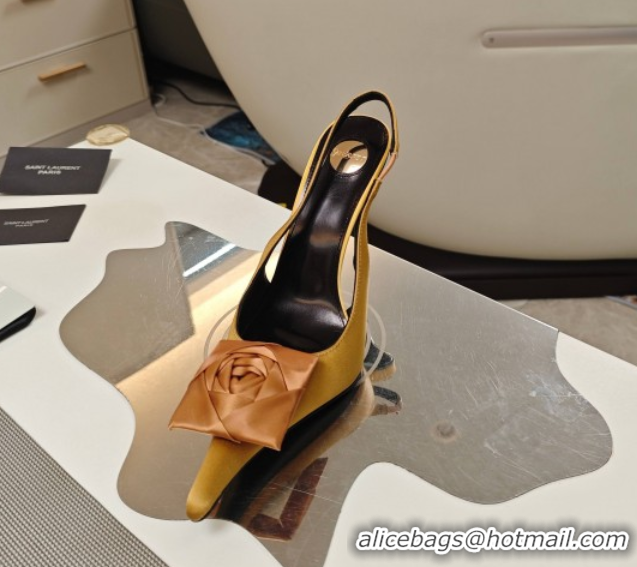 Grade Quality Saint Laurent Slingback Pumps with Flower in Satin 11cm Heel Ginger 5052105