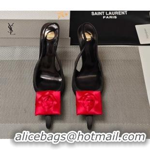 Sumptuous Saint Laurent Slingback Pumps with Flower in Satin 11cm Heel Black/Red 5052106