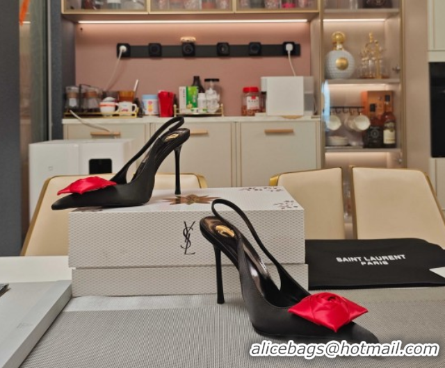 Sumptuous Saint Laurent Slingback Pumps with Flower in Satin 11cm Heel Black/Red 5052106