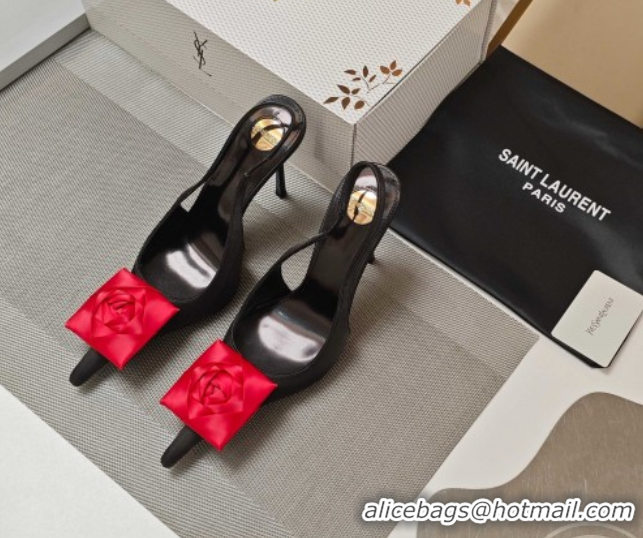 Sumptuous Saint Laurent Slingback Pumps with Flower in Satin 11cm Heel Black/Red 5052106
