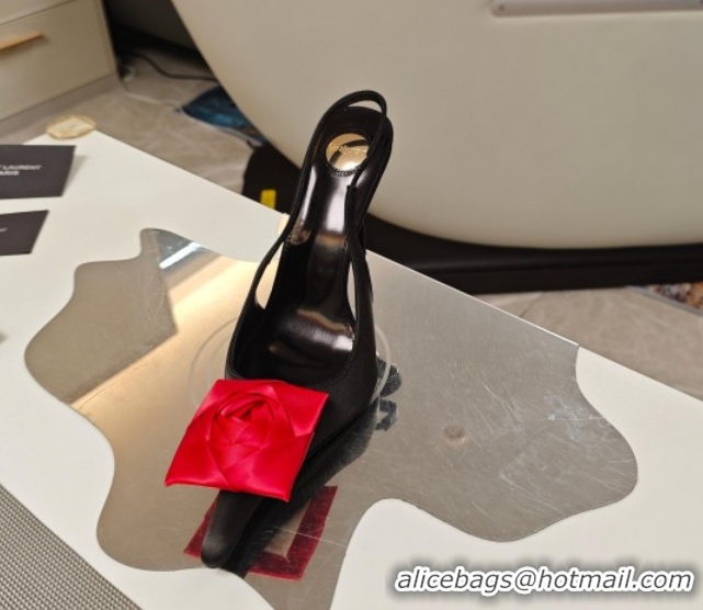 Sumptuous Saint Laurent Slingback Pumps with Flower in Satin 11cm Heel Black/Red 5052106