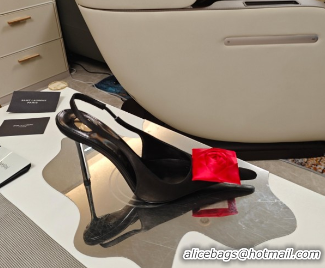 Sumptuous Saint Laurent Slingback Pumps with Flower in Satin 11cm Heel Black/Red 5052106