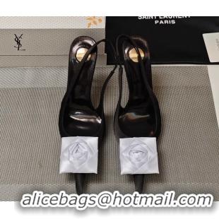 Best Grade Saint Laurent Slingback Pumps with Flower in Satin 11cm Heel Black/White 5052107