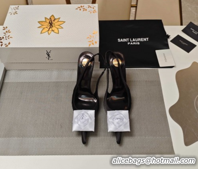 Best Grade Saint Laurent Slingback Pumps with Flower in Satin 11cm Heel Black/White 5052107