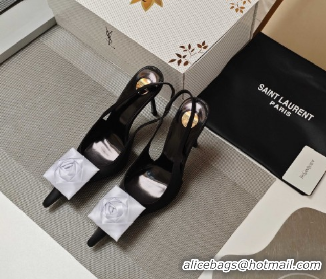 Best Grade Saint Laurent Slingback Pumps with Flower in Satin 11cm Heel Black/White 5052107