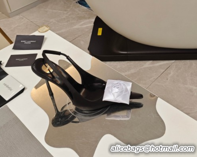 Best Grade Saint Laurent Slingback Pumps with Flower in Satin 11cm Heel Black/White 5052107