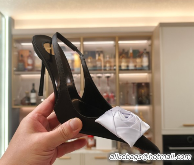 Best Grade Saint Laurent Slingback Pumps with Flower in Satin 11cm Heel Black/White 5052107
