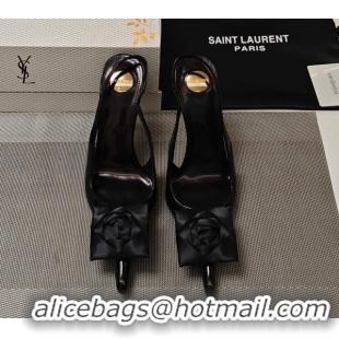 Good Quality Saint Laurent Slingback Pumps with Flower in Patent Leather 11cm Heel Black 5052201