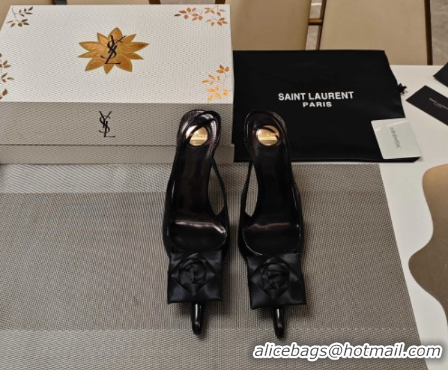 Good Quality Saint Laurent Slingback Pumps with Flower in Patent Leather 11cm Heel Black 5052201