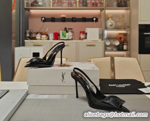 Good Quality Saint Laurent Slingback Pumps with Flower in Patent Leather 11cm Heel Black 5052201