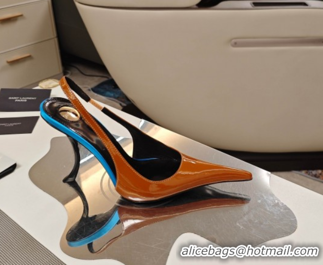 Pretty Style Saint Laurent Slingback Pumps in Patent Leather 9cm Heel Brown 5052202