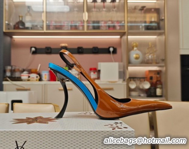 Pretty Style Saint Laurent Slingback Pumps in Patent Leather 9cm Heel Brown 5052202