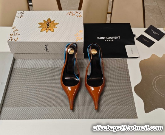 Pretty Style Saint Laurent Slingback Pumps in Patent Leather 9cm Heel Brown 5052202