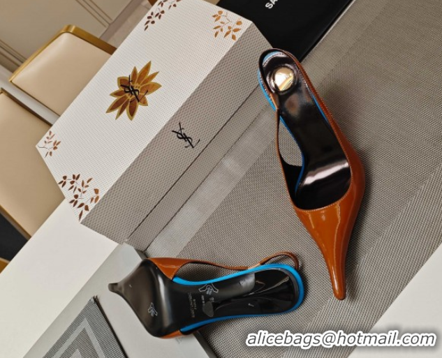 Pretty Style Saint Laurent Slingback Pumps in Patent Leather 9cm Heel Brown 5052202