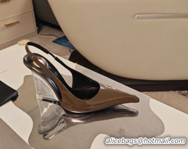 Best Product Saint Laurent Miller Wedges Pumps in Glazed Leather 9cm Heel Gray 5052209