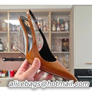 Good Quality Saint Laurent Miller Wedges Pumps in Glazed Leather 9cm Heel Brown 5052208