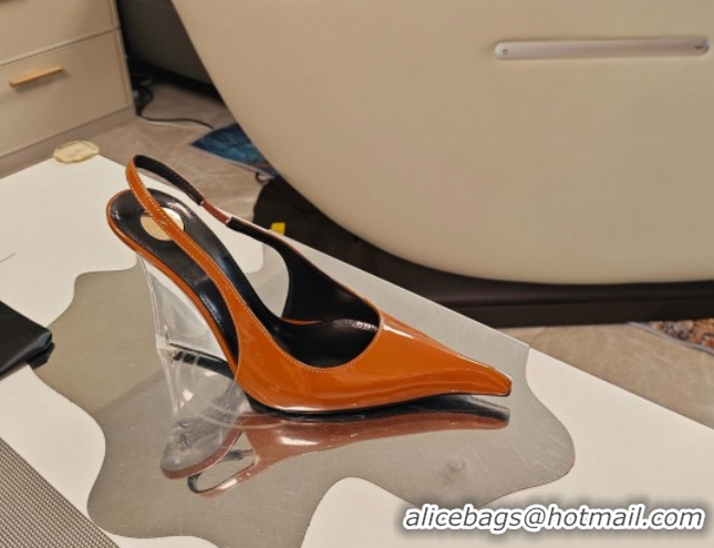 Good Quality Saint Laurent Miller Wedges Pumps in Glazed Leather 9cm Heel Brown 5052208