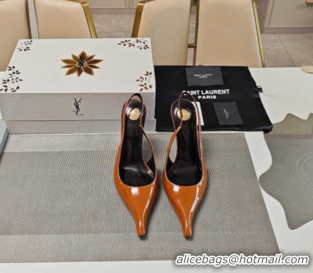 Good Quality Saint Laurent Miller Wedges Pumps in Glazed Leather 9cm Heel Brown 5052208