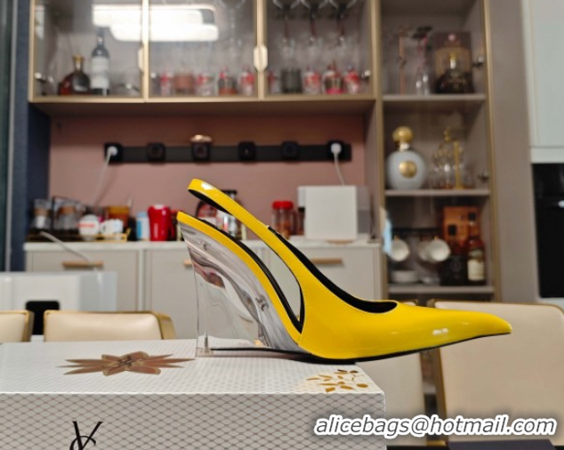 Purchase Saint Laurent Miller Wedges Pumps in Glazed Leather 9cm Heel Yellow 5052210