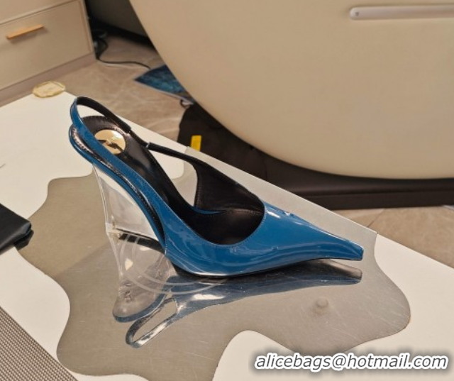 Pretty Style Saint Laurent Miller Wedges Pumps in Glazed Leather 9cm Heel Blue 5052211