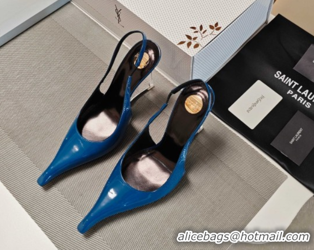 Pretty Style Saint Laurent Miller Wedges Pumps in Glazed Leather 9cm Heel Blue 5052211