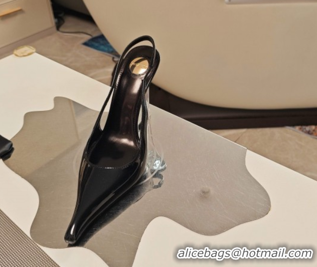 Buy Luxury Saint Laurent Miller Wedges Pumps in Glazed Leather 9cm Heel Black 5052212
