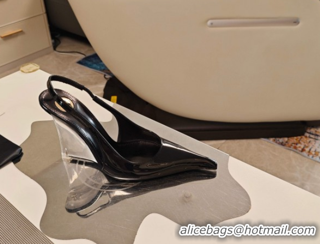 Buy Luxury Saint Laurent Miller Wedges Pumps in Glazed Leather 9cm Heel Black 5052212