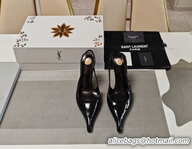 Buy Luxury Saint Laurent Miller Wedges Pumps in Glazed Leather 9cm Heel Black 5052212