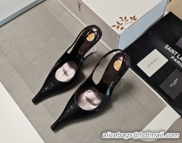 Buy Luxury Saint Laurent Miller Wedges Pumps in Glazed Leather 9cm Heel Black 5052212