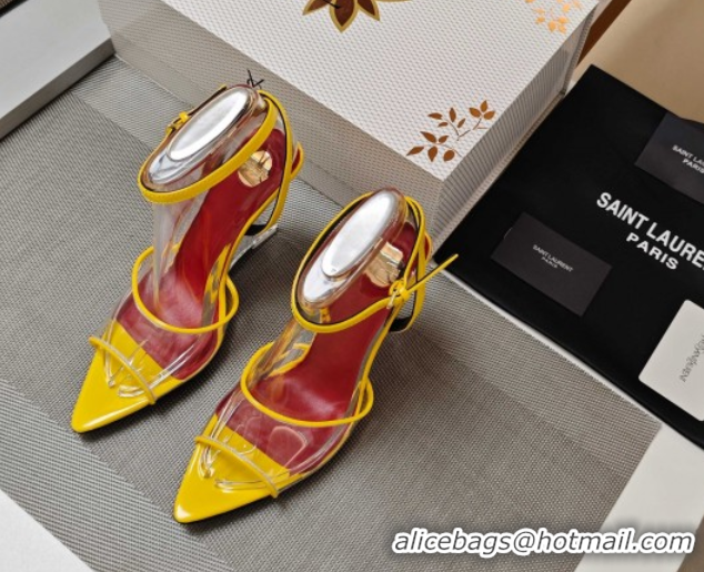 Unique Style Saint Laurent Vera Wedges in TPU and Patent Leather 10cm Heel Yellow 5052303
